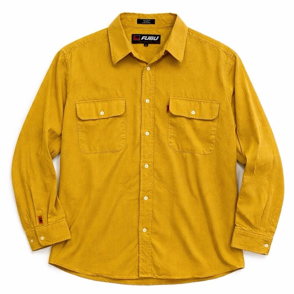 FUBU Collection Yellow Check Button Up Shirt Mens Large‎ Cotton Y2K